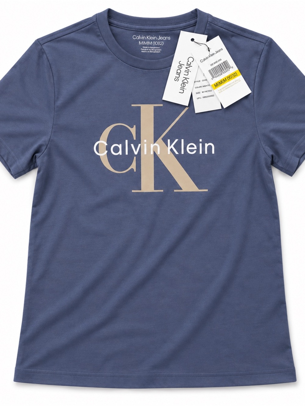 Calvin Klein Boys Slate Blue Logo Tee with Beige Accent